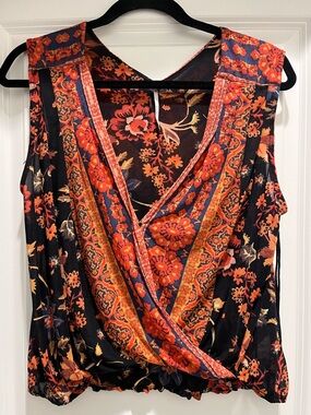 Free People Floral Wrap-Front Sleeveless Top in Black and Orange